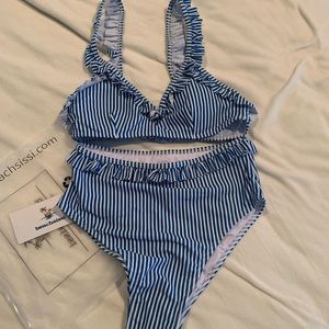 NEW Beach Sissi 2 pc Striped Ruffle Bikini Small